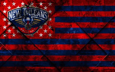 New Orleans Pelicans, 4k, American basketball club, grunge art, rhombus grunge tekstuuri, Amerikan lippu, NBA, New Orleans, Louisiana, USA, National Basketball Association, USA lippu, koripallo