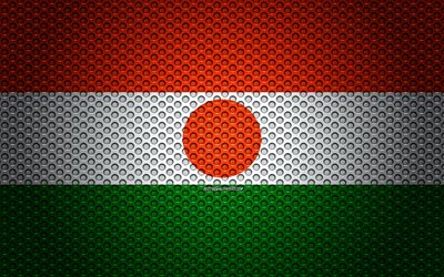 Flaggan i Niger, 4k, kreativ konst, metalln&#228;t konsistens, Niger flagga, nationell symbol, Niger, Afrika, flaggor i Afrikanska l&#228;nder