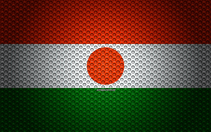 Flaggan i Niger, 4k, kreativ konst, metalln&#228;t konsistens, Niger flagga, nationell symbol, Niger, Afrika, flaggor i Afrikanska l&#228;nder
