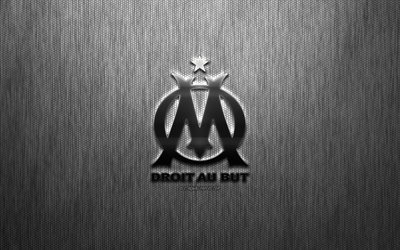 Olympique Marseille, French football club, steel logo, emblem, gray metal background, Marseille, France, Ligue 1, football