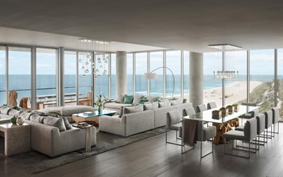 soggiorno, design moderno, appartamento vista sull&#39;oceano, interni eleganti, camere grandi