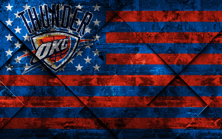 Oklahoma City Thunder, 4k, American club de baloncesto, el grunge de arte, rombo grunge textura, bandera Estadounidense, la NBA, Oklahoma City, Oklahoma, estados UNIDOS, la Asociaci&#243;n Nacional de Baloncesto, la bandera de estados UNIDOS, baloncesto