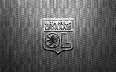 O Olympique Lyonnais, Clube de futebol franc&#234;s, a&#231;o logotipo, emblema, metal cinza de fundo, Lyon, Fran&#231;a, Liga 1, futebol