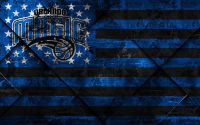 Orlando Magic 4k, American club de basket-ball, grunge de l&#39;art, le losange grunge texture, drapeau Am&#233;ricain, la NBA, Orlando, Floride, etats-unis, la National Basketball Association, drapeau am&#233;ricain, le basket-ball