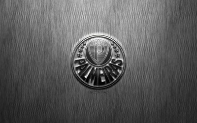 Palmeiras SE, Brasileiro de clubes de futebol, a&#231;o logotipo, emblema, cinzento metalizado fundo, Sao Paulo, Brasil, Serie A, futebol, Sociedade Esportiva Palmeiras