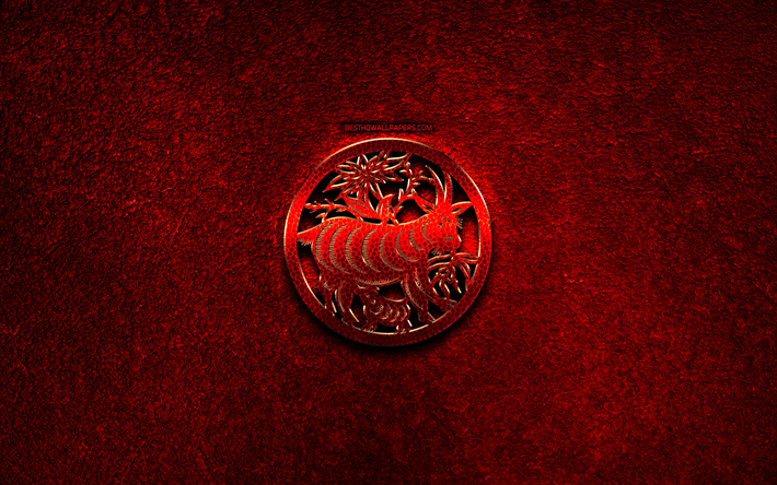 Sheep, Goat, Chinese zodiac, red metal signs, creative, Chinese calendar, Goat zodiac sign, red stone background, Chinese Zodiac Signs, Goat zodiac