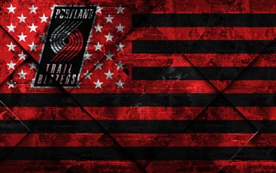 Portland Trail Blazers, 4k, American basketball club, grunge art, grunge tekstuuri, Amerikan lippu, NBA, Portland, Oregon, USA, National Basketball Association, USA lippu, koripallo