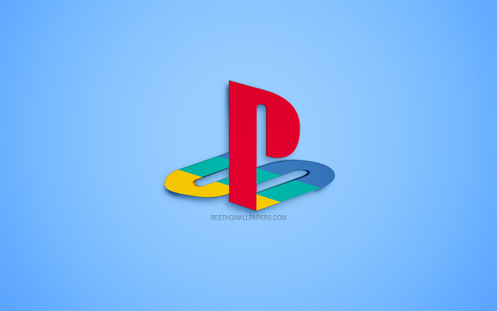 PlayStation, ロゴ, PS4, 青色の背景, 3Dロゴ, ゲームコンソール