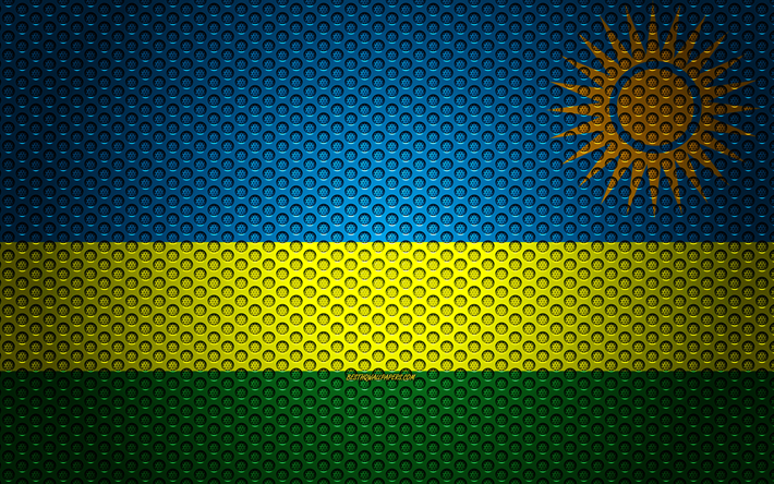العلم رواندا, 4k, الفنون الإبداعية, شبكة معدنية الملمس, رواندا العلم, الرمز الوطني, رواندا, أفريقيا, أعلام البلدان الأفريقية
