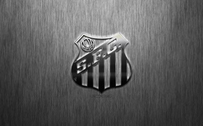 Santos FC, Brazilian football club, steel logo, emblem, gray metallic background, Sao Paulo, Brazil, Serie A, football