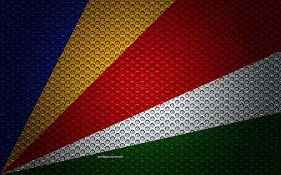 Seyşel Adaları bayrağı, 4k, yaratıcı sanat, metal mesh dokusu, Afrika &#252;lkelerinin bayrak, ulusal sembol, Seyşel Adaları, Afrika, bayrak Seychelles