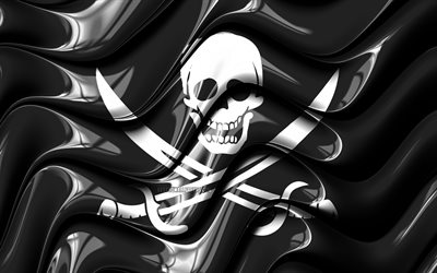 Pirate Flag, 4k, 3D art, Jolly Roger, blackjack, Flag of Pirates, creative, Pirates, Pirate 3D Flag