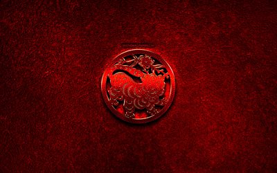 Tiger, Chinese zodiac, red metal signs, creative, Chinese calendar, Tiger zodiac sign, red stone background, Chinese Zodiac Signs, Tiger zodiac