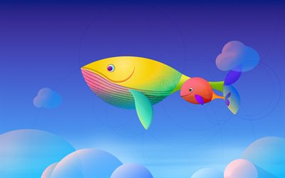 3Dクジラ, 4k, 【クリエイティブ-アート, アニメクジラ, 青空, 3Dアート, 雲, クジラ、スカイ, クジラ
