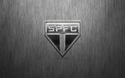 S&#227;o Paulo FC, Brasileiro de clubes de futebol, a&#231;o logotipo, emblema, cinzento metalizado fundo, Sao Paulo, Brasil, Serie A, futebol