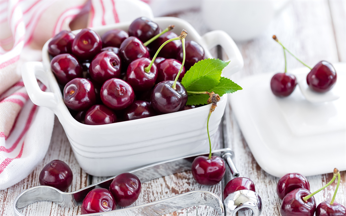 cherry, ripe berries, cherries in a white plate, fruit, wooden background