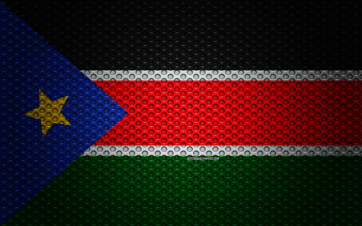 旗の南スーダン, 4k, 【クリエイティブ-アート, 金属メッシュの質感, 南スーダンフラグ, 国立シンボル, 南スーダン, アフリカ, 旗のアフリカ諸国