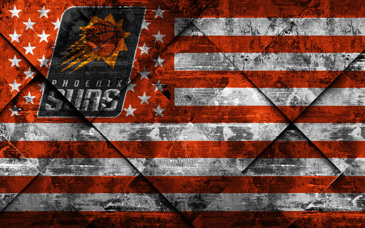 Phoenix Suns, 4k, American basketball club, grunge art, rhombus grunge tekstuuri, Amerikan lippu, NBA, Phoenix, Arizona, USA, National Basketball Association, USA lippu, koripallo