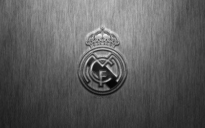 Real Madrid, Spansk fotbollsklubb, st&#229;l logotyp, emblem, gr&#229; metall bakgrund, Madrid, Spanien, Ligan, fotboll, Real Madrid-CF