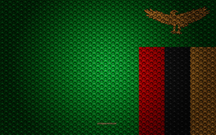العلم زامبيا, 4k, الفنون الإبداعية, شبكة معدنية الملمس, زامبيا العلم, الرمز الوطني, زامبيا, أفريقيا, أعلام البلدان الأفريقية