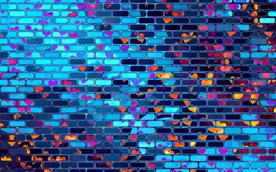 neon brickwall, 4k, astratto, mattoni, mattoni texture colorate muro di mattoni, mattone, muro, lampade al neon mattoni