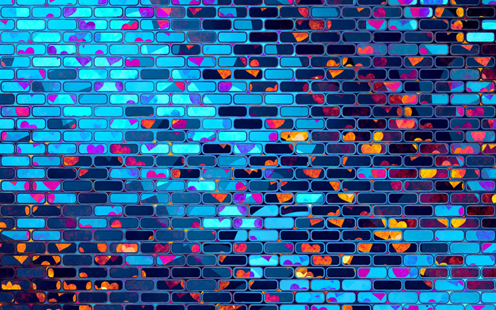 ne&#243;n brickwall, 4k, abstracto, ladrillos, ladrillos de texturas, de colores pared de ladrillo, pared, ladrillos de ne&#243;n