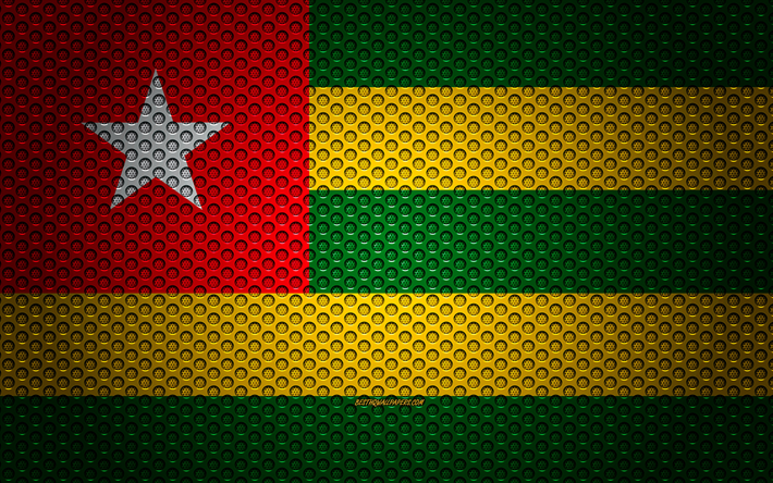 flagge von togo, 4k -, kunst -, metall textur, togo flagge, nationales symbol, togo, afrika, flaggen der afrikanischen l&#228;nder