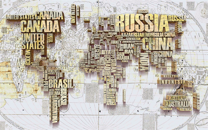 3D typography world map, world map concept, artwork, creative, brown world map, 3D art, typography art, world maps, 3D world map