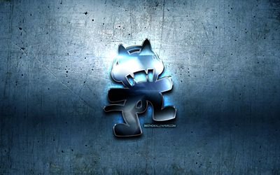 Monstercat logotipo de metal, de metal de color azul de fondo, OS, obras de arte, Monstercat, marcas, Monstercat logo en 3D, creativo, Monstercat logotipo, Monstercat Medios de comunicaci&#243;n