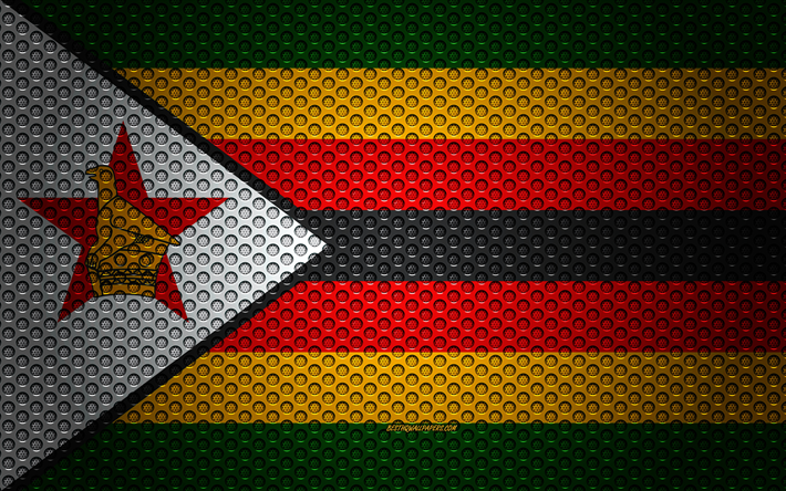 Lippu Zimbabwe, 4k, creative art, metalli mesh rakenne, Zimbabwen lippu, kansallinen symboli, Zimbabwe, Afrikka, liput Afrikkalainen maissa