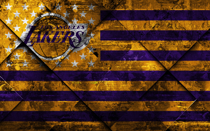 Los Angeles Lakers, 4k, American basketball club, grunge art, rhombus grunge texture, American flag, NBA, Los Angeles, California, USA, National Basketball Association, USA flag, basketball
