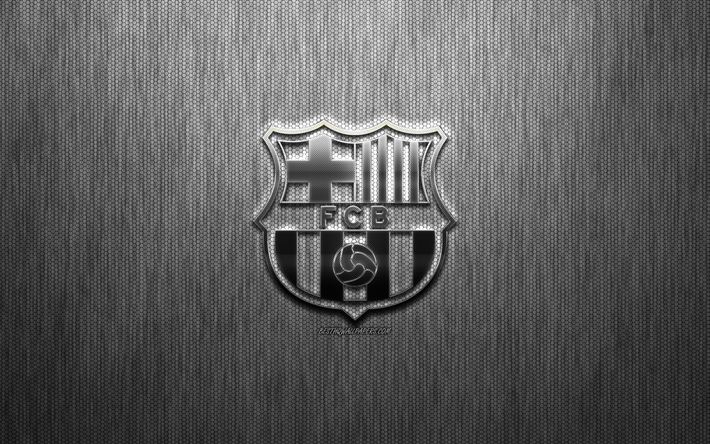 FC Barcelona, Catalan football club, steel logo, emblem, gray metal background, Barcelona, Catalonia, Spain, La Liga, football, Spanish football club