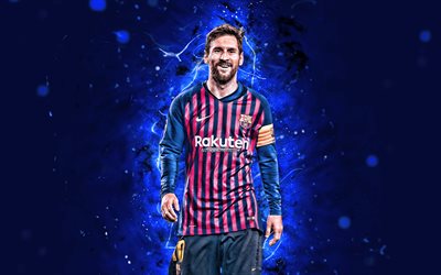 4k, Messi, Barcelona FC, joy, argentinian footballers, FCB, La Liga, Lionel Messi, Leo Messi, neon lights, football stars, LaLiga, Barca, soccer, Spain