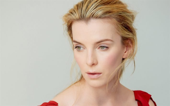 Betty Gilpin, american actress, portrait, green eyes, photoshoot, red dress, american fashion model