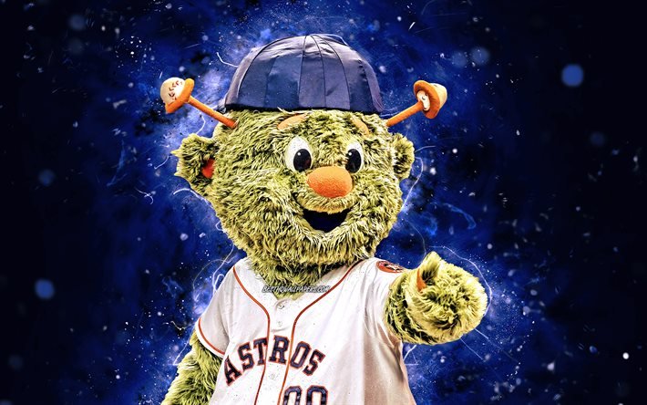 Orbita, 4k, mascotte, Houston Astros, baseball, MLB, creativo, USA, luci al neon, MLB mascotte, mascotte ufficiale, Orbita mascotte