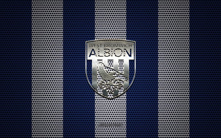 west bromwich albion fc, logo, englisch fu&#223;ball-club, metall-emblem, blau-wei&#223;en metall mesh-hintergrund, efl-meisterschaft, west bromwich, england, fu&#223;ball