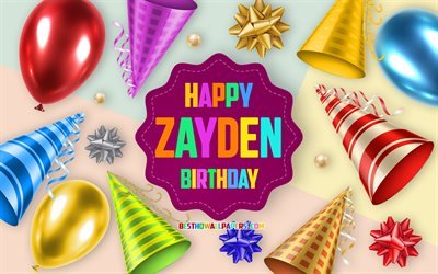 Happy Birthday Zayden, 4k, Birthday Balloon Background, Zayden, creative art, Happy Zayden birthday, silk bows, Zayden Birthday, Birthday Party Background