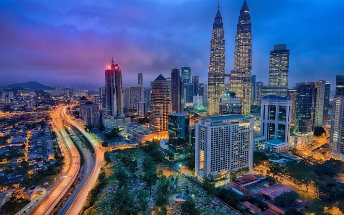 Kuala Lumpur, Petronas Towers, twin skyscrapers, city highway, morning, sunrise, modern buildings, skyscrapers, Malaysia, Kuala Lumpur cityscape, Petronas Twin Towers