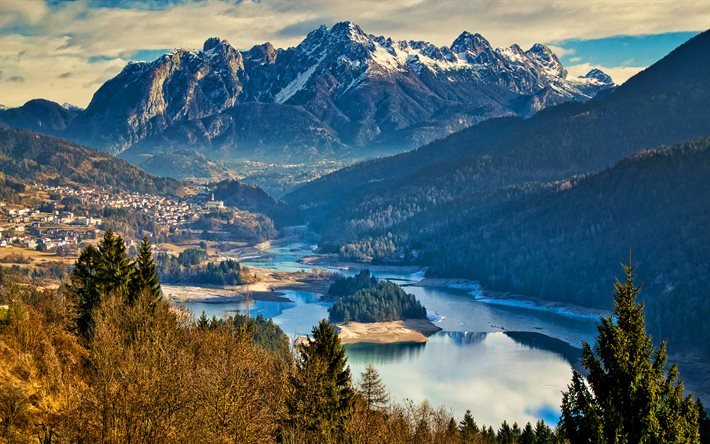 Italien, skogar, sj&#246;n, dalen, berg, Dolomiterna, Europa, vacker natur