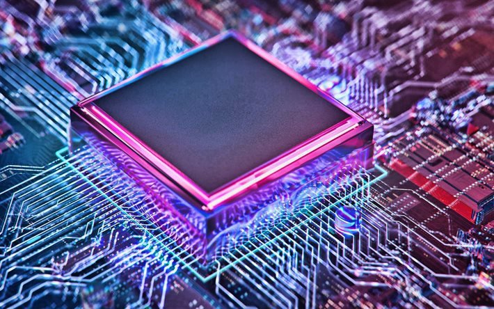 chip, placa de circuito, a tecnologia moderna, a tecnologia digital, chip na placa, luz de n&#233;on