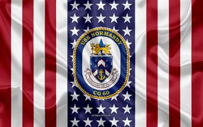 uss normandy-emblem, cg-60, american flag, us-navy, usa, uss normandy abzeichen, us-kriegsschiff, wappen der uss normandy