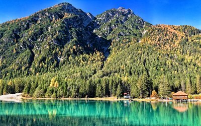 4k, Lake Dobbiaco, summer, beautiful nature, forest, mountains, Toblacher See, Belluno, Italy, Europe, South Tyrol, Lago di Dobbiaco, HDR