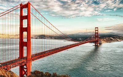 Golden Gate Bridge, suspension bridge, San Francisco, Golden Gate Strait, evening, sunset, red bridge, skyline, landmark, California, USA
