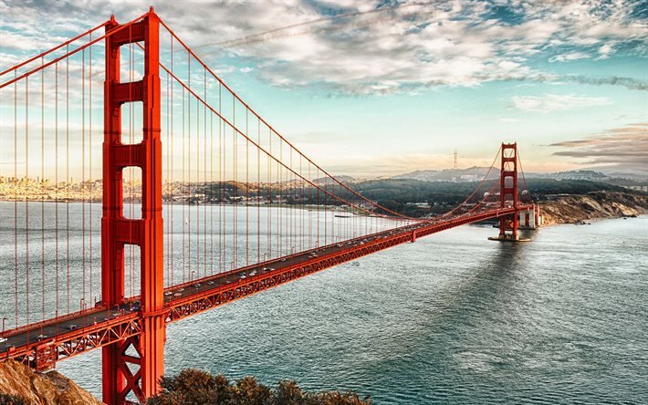 ゴールデンゲートブリッジ, 吊り橋, サンフランシスコ, ゴールデンゲート海峡, 夜, 夕日, 赤い橋, スカイライン, ランドマーク, カリフォルニア, 米国