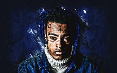XXXTentacion, american rapper, portrait, american singer, Jahseh Dwayne Ricardo Onfroy, creative art, blue stone background