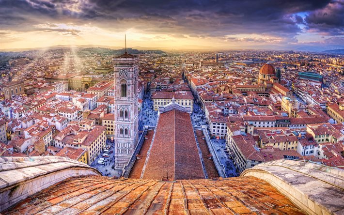 Florence, 4k, view from Cathedral, cityscapes, italian cities, summer, landmark, HDR, Florence Cathedral, Tuscany, Italy, Europe, Cathedral of Saint Mary of the Flower