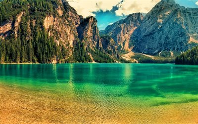Il lago di Braies, HDR, estate, foresta, montagna, lago, montagne, Lago Di Braies, la natura bella, Dolomiti, natura italiana, alto Adige, Italia, Europa
