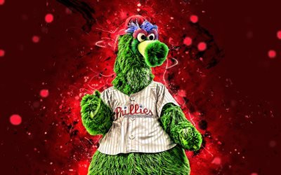 Phillie Phanatic, 4k, mascot, Philadelphia Phillies, baseball, MLB, creative, USA, neon lights, Philadelphia Phillies mascot, MLB mascots, official mascot, Phillie Phanatic mascot