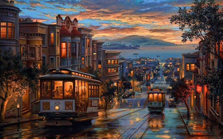San Francisco, artwork, trams, street, hills, american cities, California, Drawn San Francisco, City of San Francisco, USA, Cities of California, America