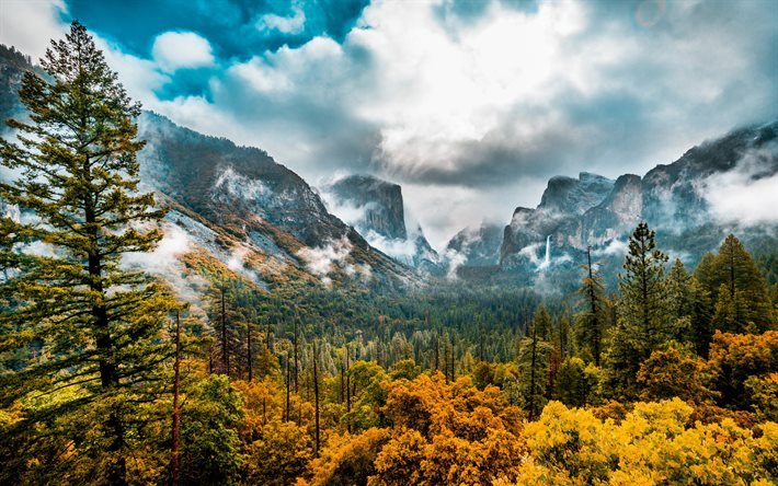 Yosemite Valley, rocks, mountain landscape, forest, fog, mountains, valley, Yosemite National Park, Sierra Nevada, USA